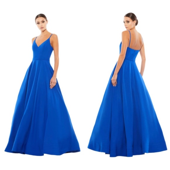 Size 0 Mac Duggal‎ Royal Blue Classic A-Line V-Neck Ballgown Prom Dress - Picture 1 of 6